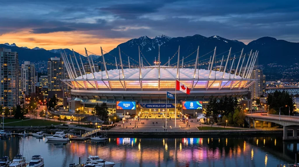 BC Place stadium exterior with retractable roof in Vancouver, host venue for FIFA World Cup 2026 matches including two Canada games