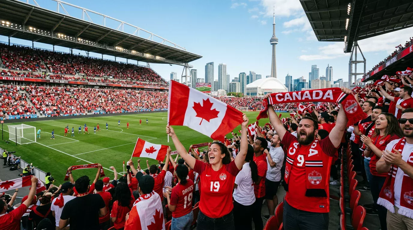 Canadian soccer fans in red jerseys celebrating at BMO Field in Toronto with maple leaf flags