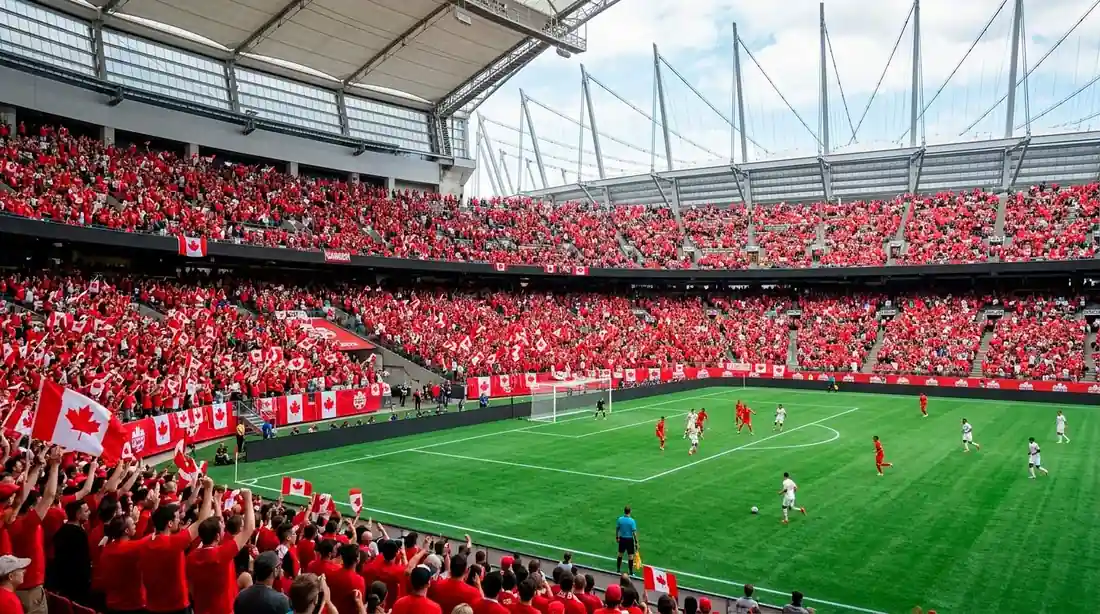 Canada national soccer team supporters in red at BC Place stadium in Vancouver