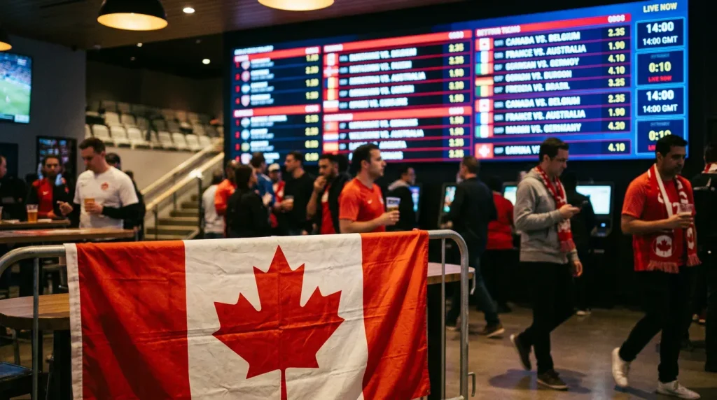 Canadian maple leaf flag overlay on World Cup 2026 odds board showing Canada betting markets
