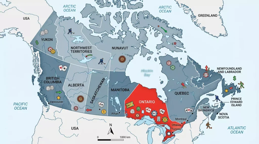 Map of Canada showing provincial sports betting regulations with Ontario highlighted as competitive market