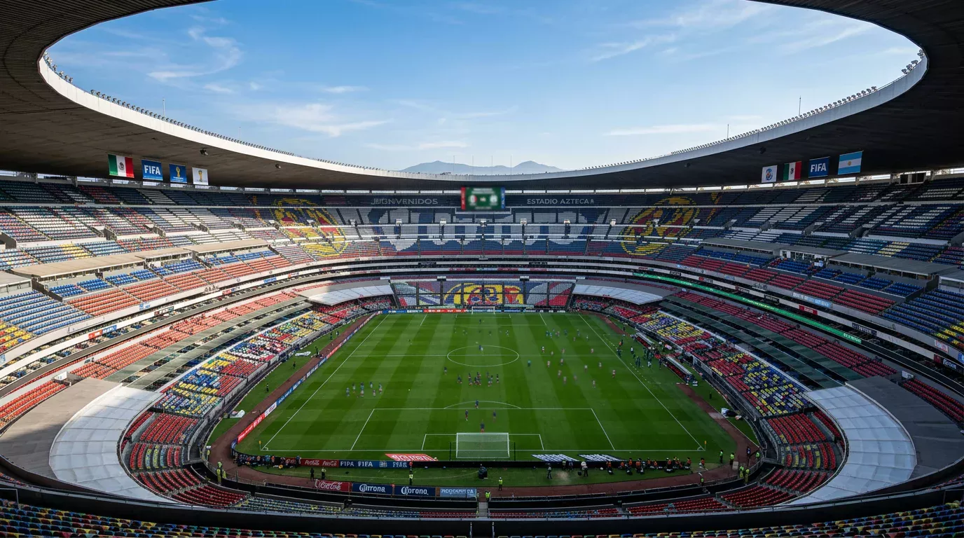 Estadio Azteca in Mexico City prepared for World Cup 2026 opening match with green pitch and tiered seating