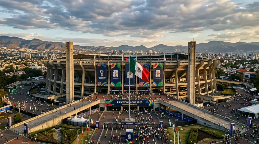Estadio Azteca iconic exterior in Mexico City, host venue for FIFA World Cup 2026 opening match and tournament fixtures