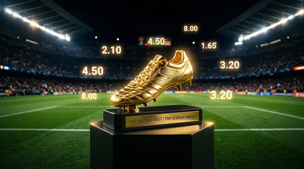 Golden Boot trophy silhouette with World Cup 2026 top scorer odds displayed