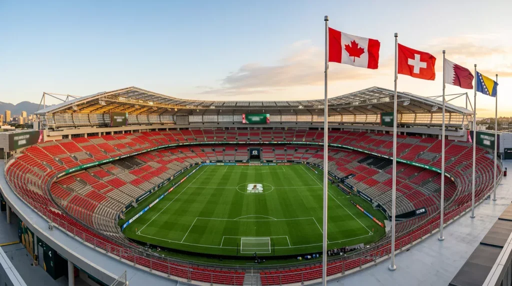 World Cup 2026 Group B featuring Canada, Switzerland, Qatar, and Bosnia and Herzegovina competing in North American venues