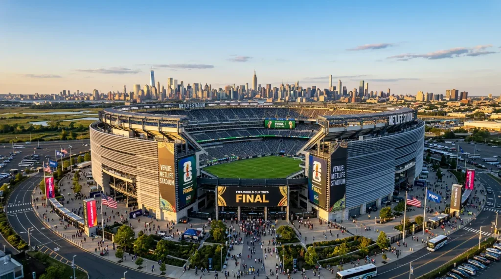 MetLife Stadium exterior in East Rutherford New Jersey, host venue for FIFA World Cup 2026 Final on July 19