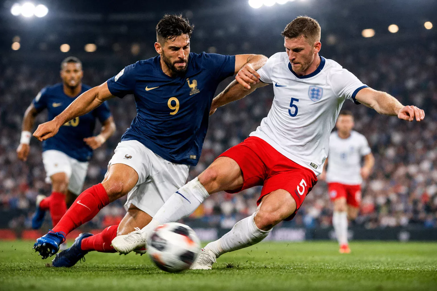 Football match action between two national teams competing for possession on a professional pitch
