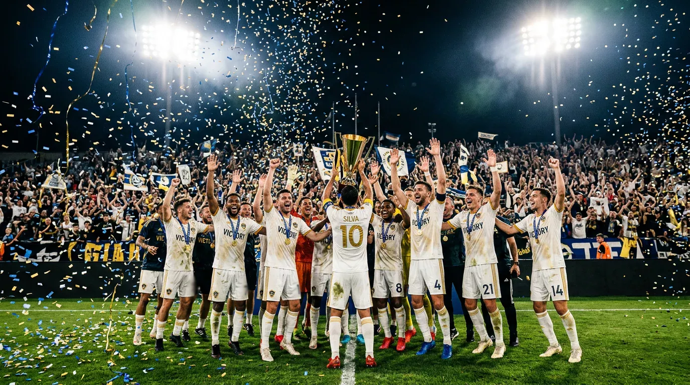 Football team celebrating victory with raised arms under stadium floodlights at night