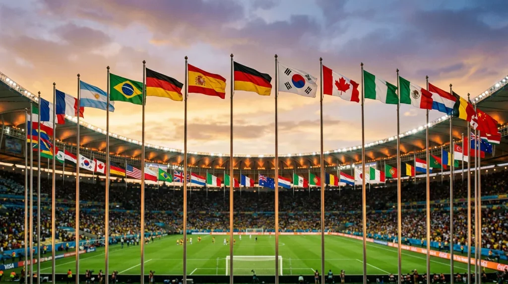 Collage of 48 national team flags representing all World Cup 2026 qualified nations