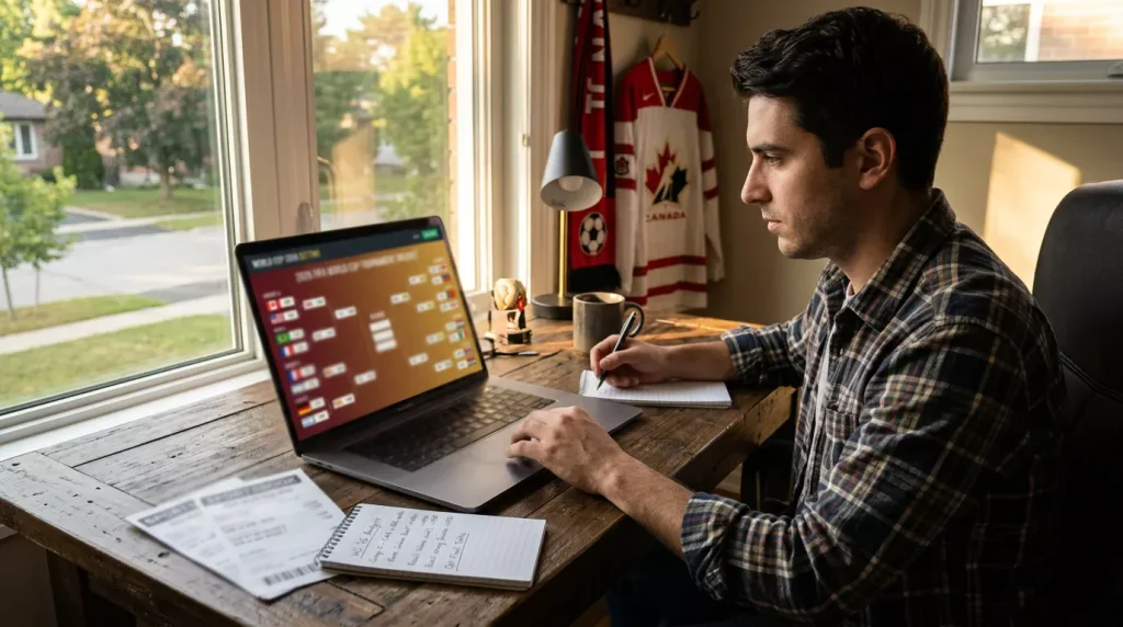 Canadian bettor analyzing World Cup 2026 odds on laptop with tournament bracket visible