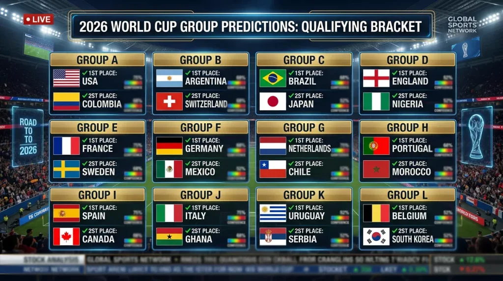Visual bracket showing predicted group stage finishing positions for all 12 World Cup 2026 groups