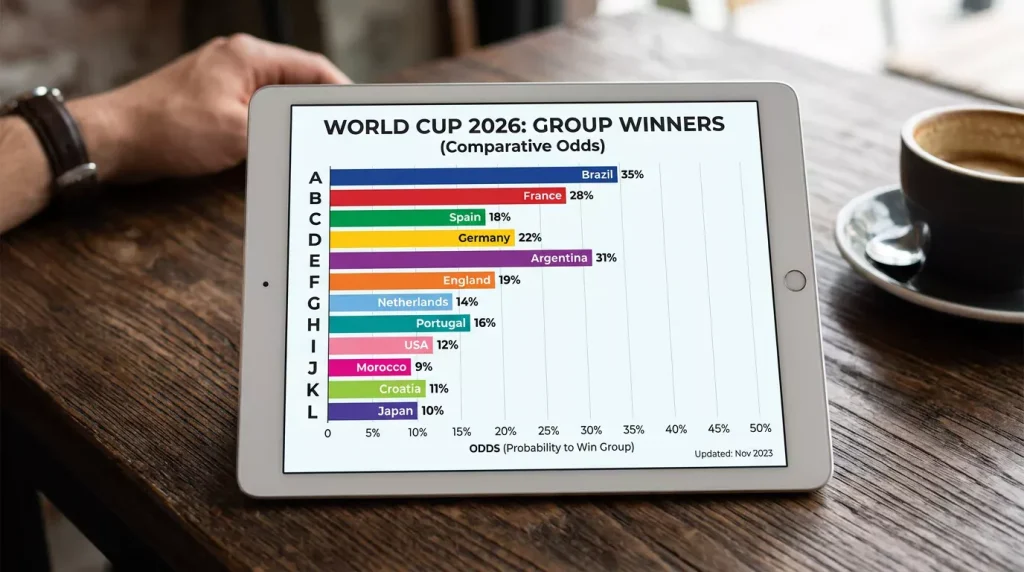 Comparative chart showing group winner odds for all 12 World Cup 2026 groups