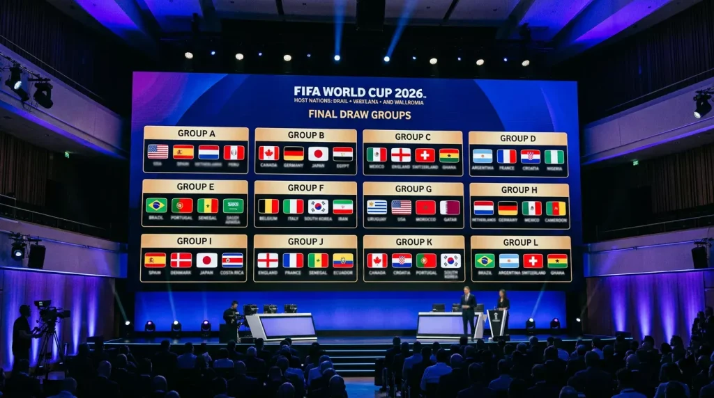 Visual overview of all 12 World Cup 2026 groups showing team assignments and flags