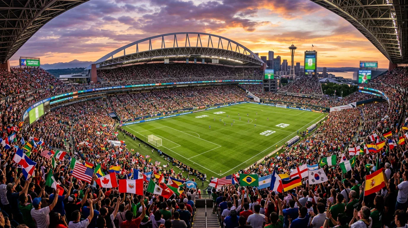 World Cup 2026 stadium panorama with fans and international flags in North America