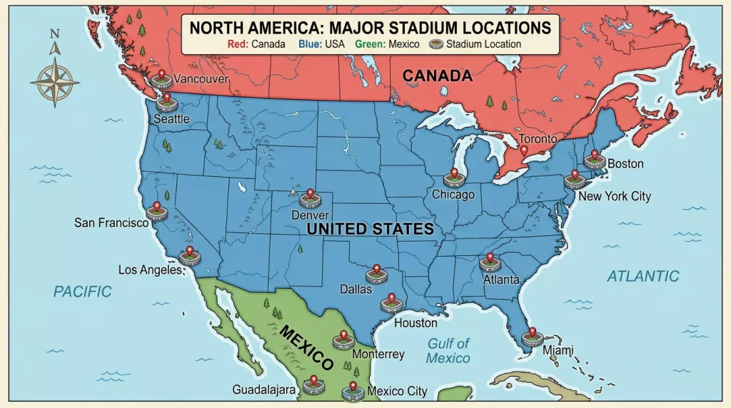 Map showing World Cup 2026 venues across USA Mexico and Canada with match allocations
