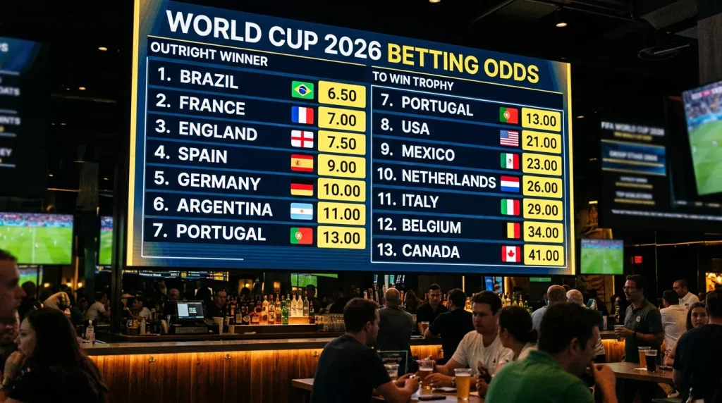 Digital display showing World Cup 2026 betting odds with team flags and decimal numbers