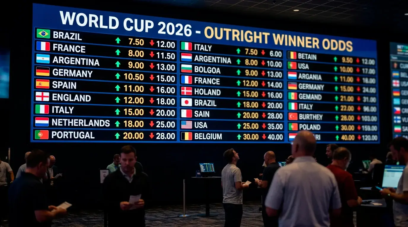 Digital betting board displaying World Cup 2026 outright winner odds with national flags