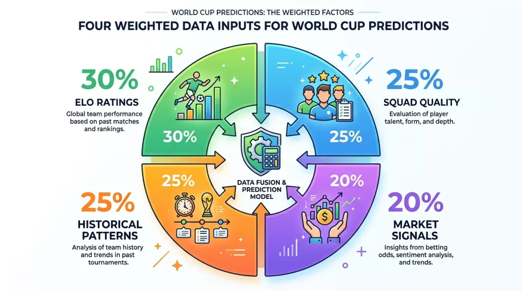 Infographic showing prediction methodology weights and data inputs for World Cup 2026 forecast