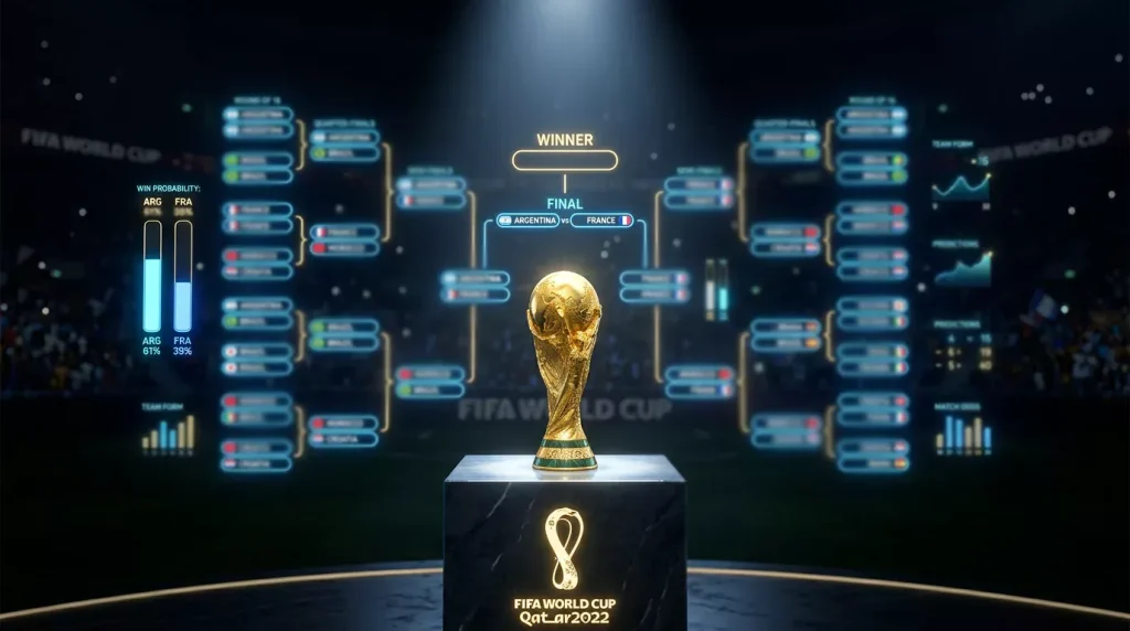 World Cup 2026 trophy with tournament bracket visualization and prediction data overlay