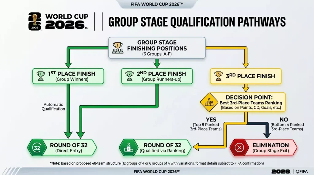 Chart showing advancement pathways from group stage to knockout rounds with point thresholds
