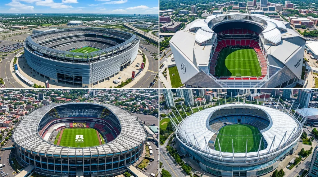 Aerial view collage of World Cup 2026 stadiums across USA Mexico and Canada