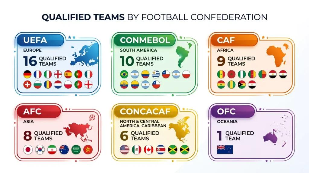 Infographic showing World Cup 2026 team distribution across six confederations