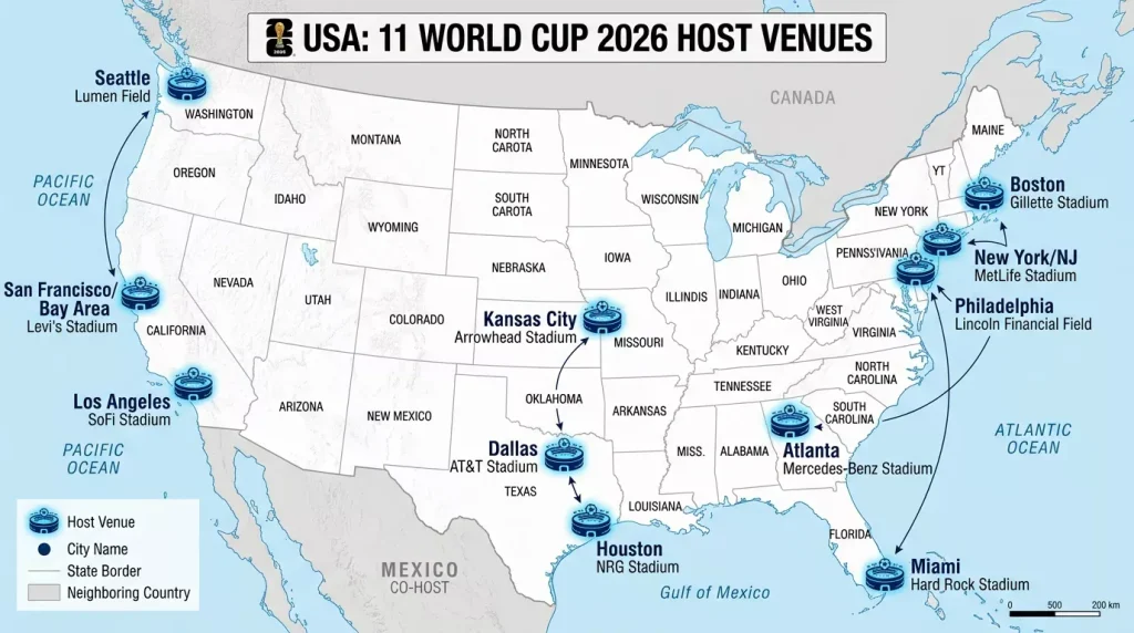 Map of United States showing locations of all 11 World Cup 2026 venues