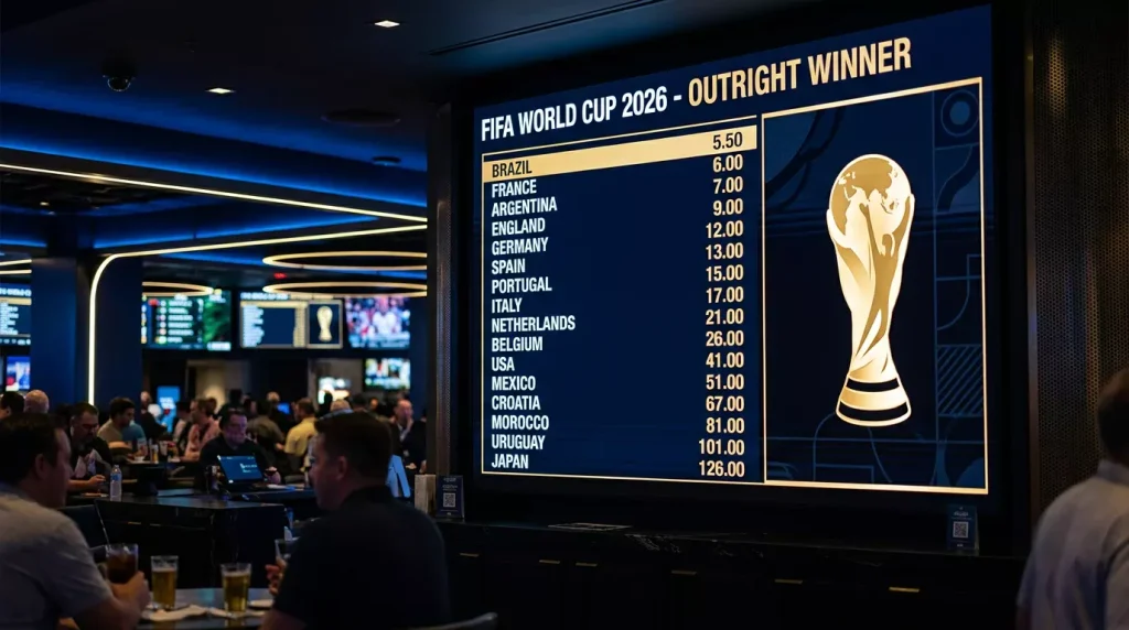 World Cup 2026 outright winner odds displayed on betting board with trophy silhouette