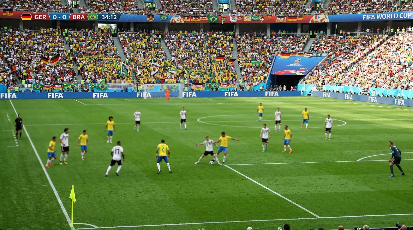 International football players competing in a World Cup group stage match on lush green pitch